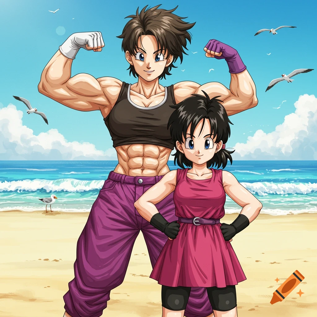 An anime woman with muscular abs and biceps flexes her arms next to a smaller anime girl on a sunny beach.
