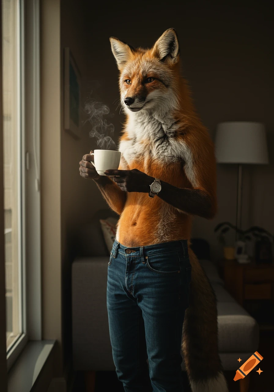 Photorealistic anthropomorphic male fox in blue jeans, standing by a window, holding a steaming coffee cup.
