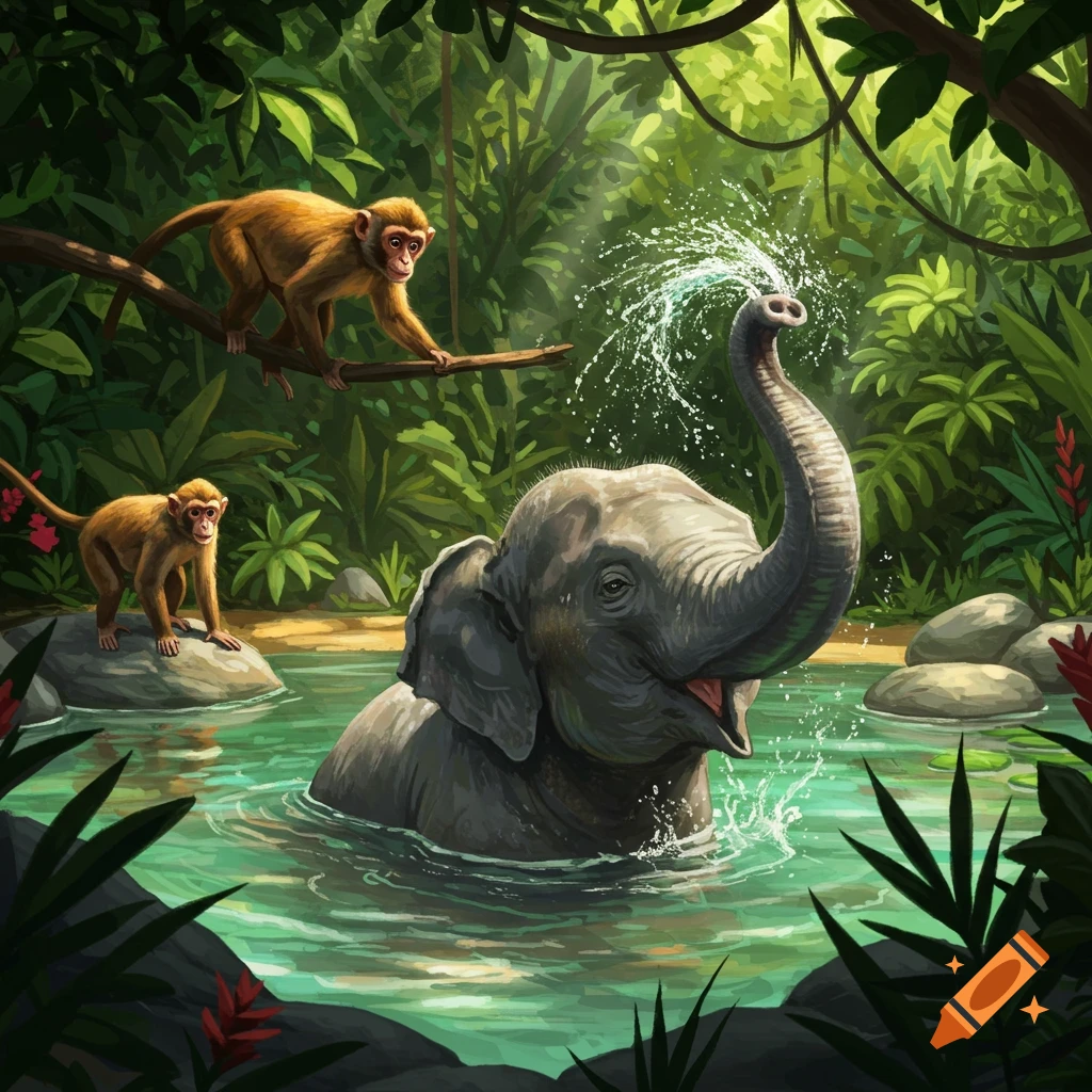 An illustration of an elephant splashing water in a jungle pool with two monkeys watching.