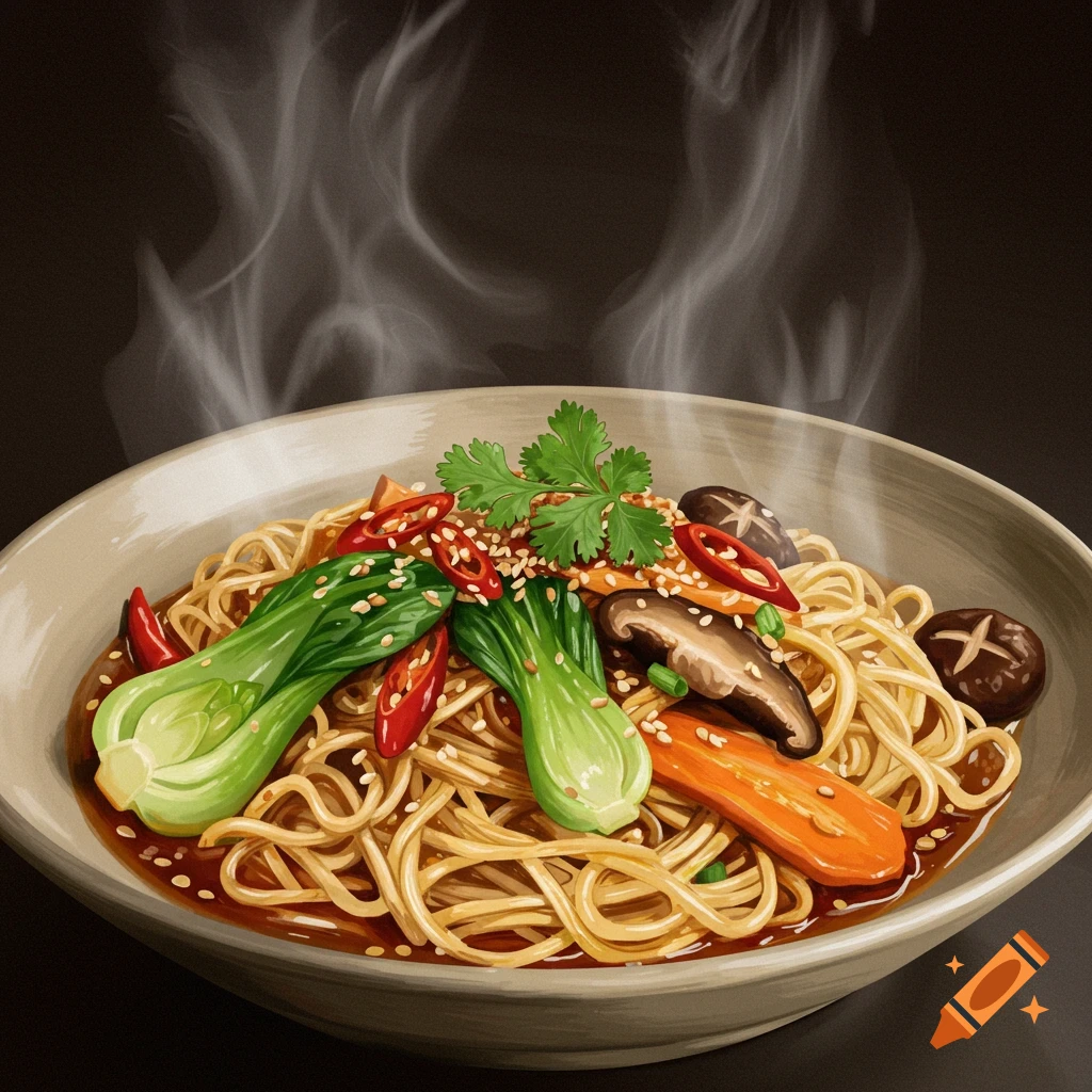 A steaming bowl of spicy noodles with bok choy, shiitake mushrooms, carrots, chili, and sesame seeds in a rich sauce.