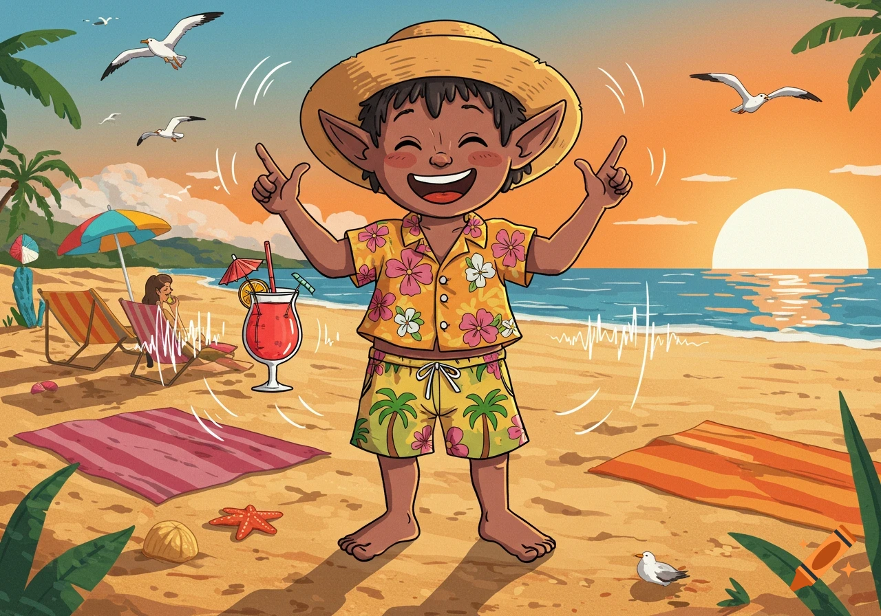 A happy cartoon elf child in a straw hat and Hawaiian shirt poses on a sunny beach at sunset, with a cocktail nearby.