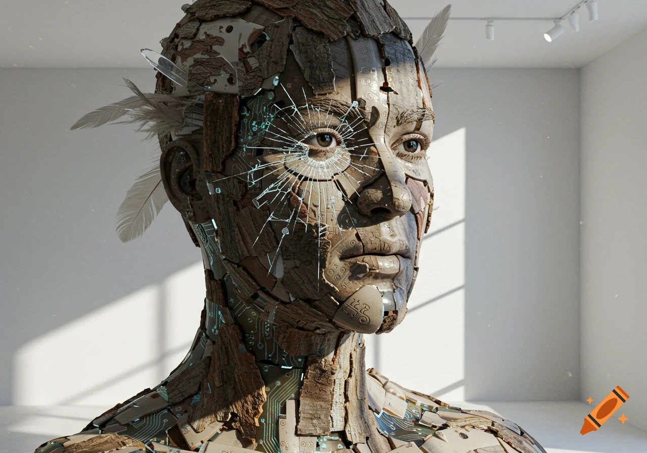 Close-up of an intricate human bust made of tree bark, ceramic, and circuit boards, with feathers on the side and cracked glass over one eye, in a white room.