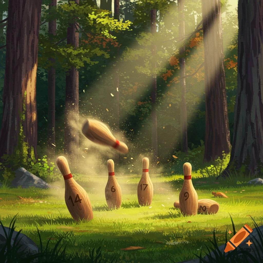 Molkky wooden pins, one flying through the air, in a sunny forest clearing. Illustration.