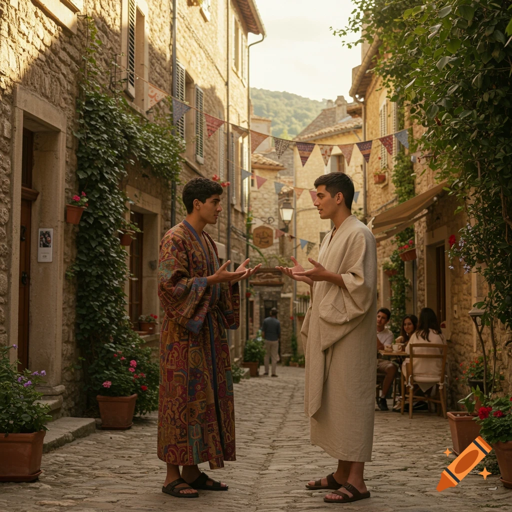 Two men in long robes talk on a cobblestone street lined with old stone buildings and plants, under warm sunlight.