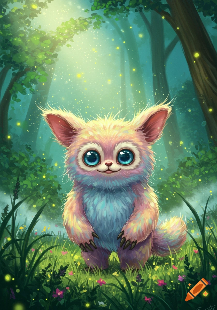 A cute, fluffy, multi-colored fantasy creature with large blue eyes sits in a vibrant, magical forest with fireflies.