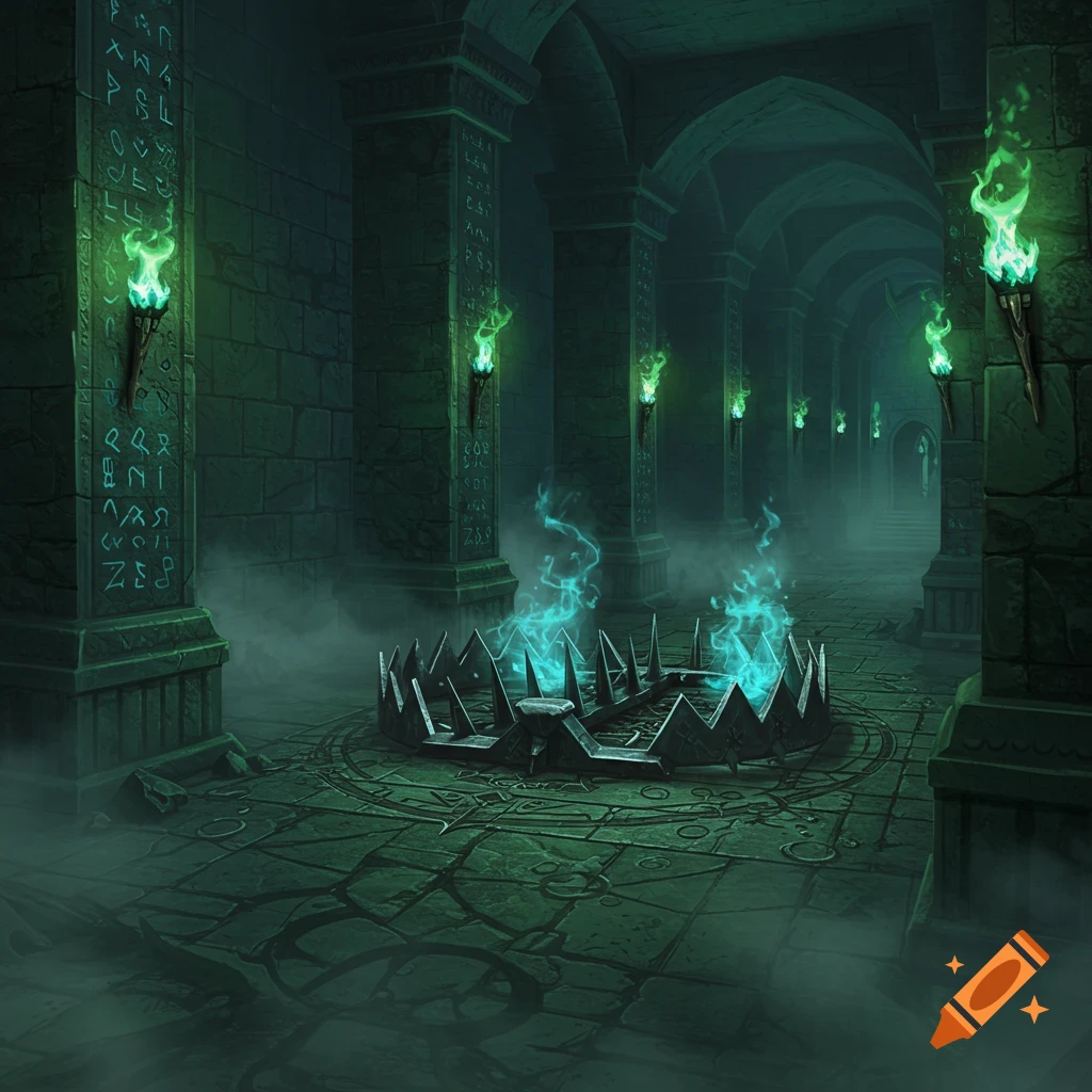 A spike trap on a circular symbol in a dark, misty dungeon corridor, lit by green glowing torches and runes on pillars.