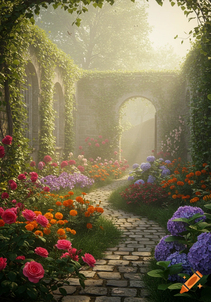 A cobblestone path winds through a vibrant, misty garden filled with colorful roses, marigolds, and hydrangeas, surrounded by ivy-covered stone walls.