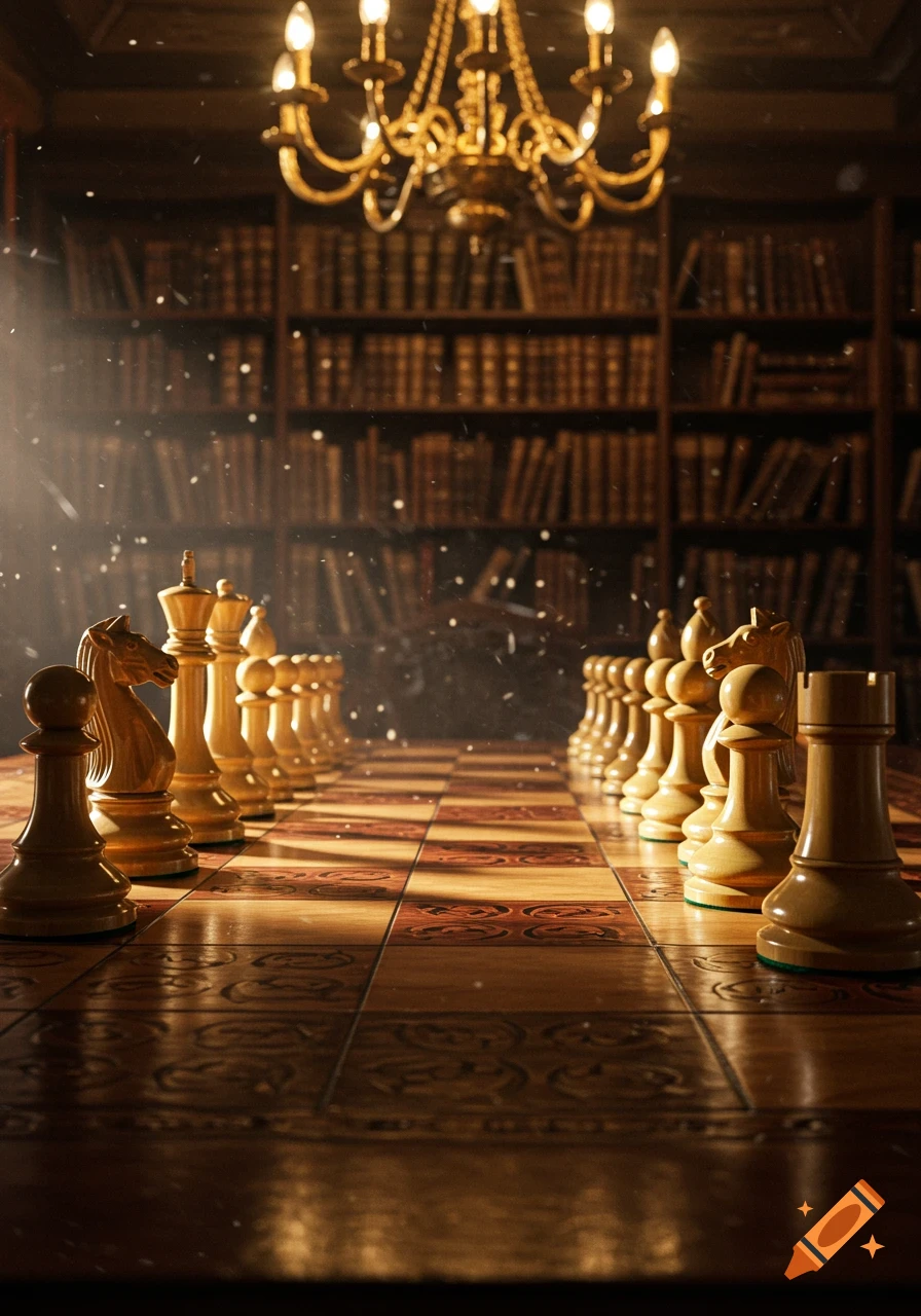 A chessboard with wooden pieces set in a dimly lit library, illuminated by a grand chandelier with dust motes floating in the light.