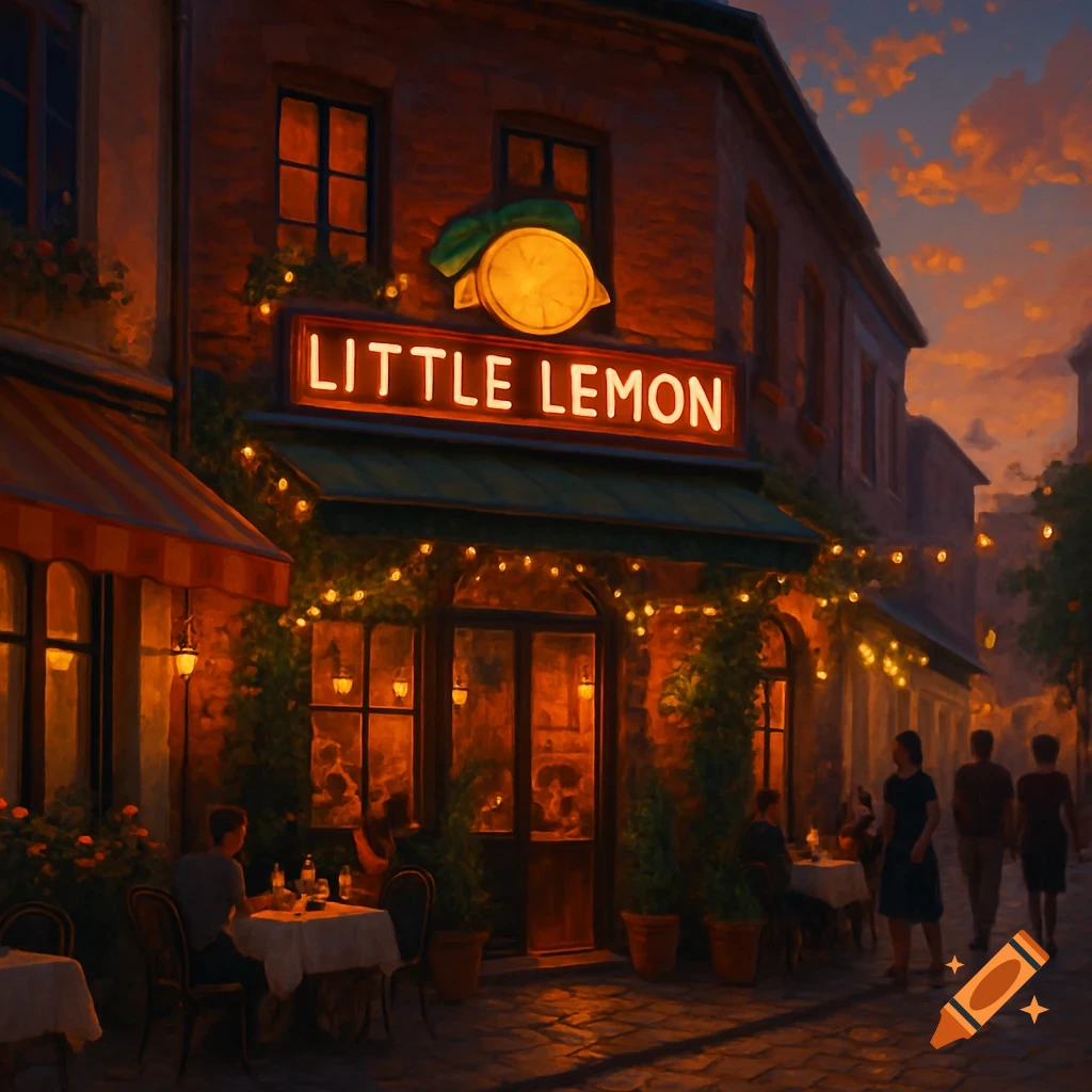 An inviting restaurant exterior, 'Little Lemon,' at dusk, warmly lit by string lights and a neon sign with patrons outside.