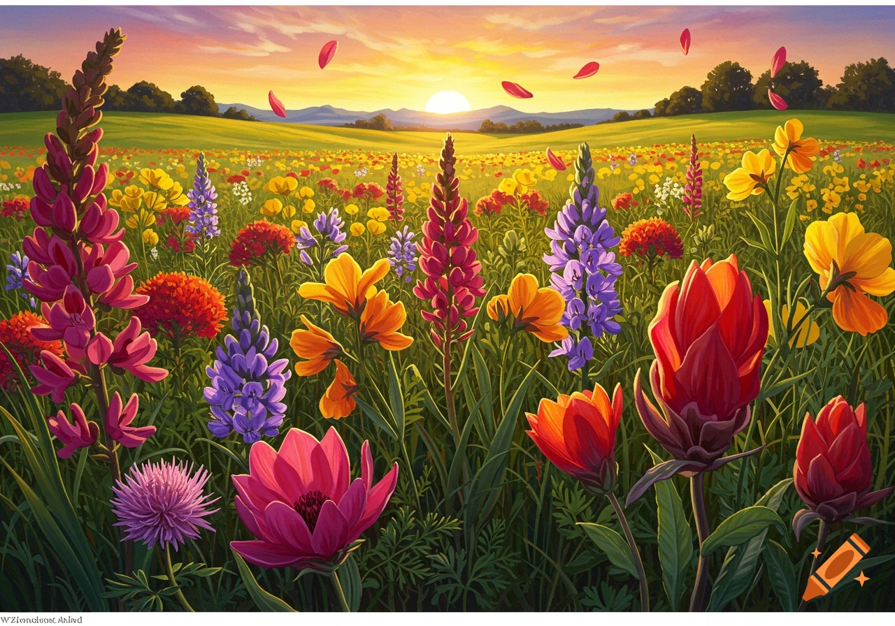 A vibrant field of colorful wildflowers, including pink, purple, yellow, and red blooms, under a golden sunset sky with distant mountains.
