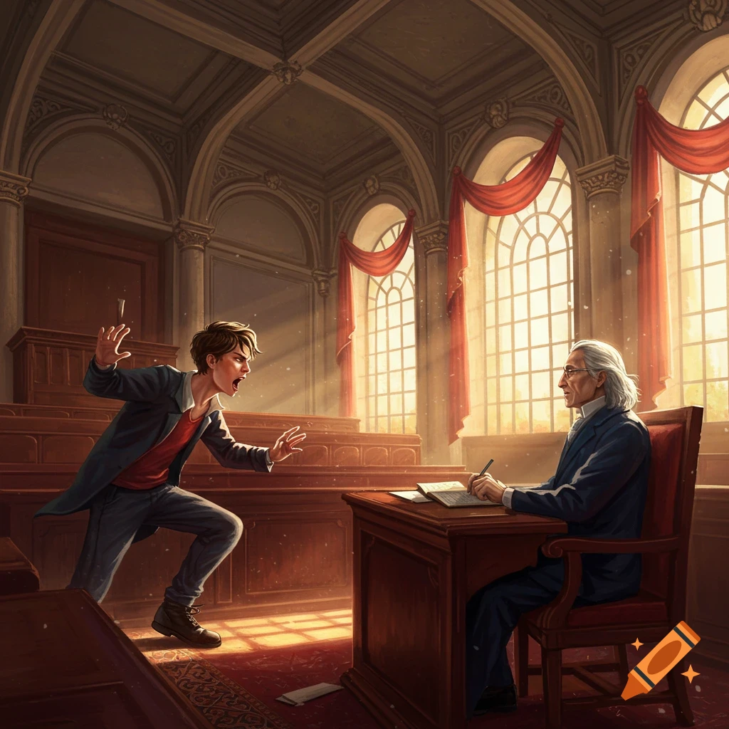 An agitated young man yells in a grand courtroom as a calm older man writes at a desk. Illustration.