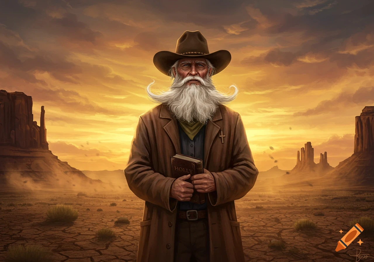 A stoic old cowboy preacher with a long white beard and mustache holds a book in a desert landscape at sunset.