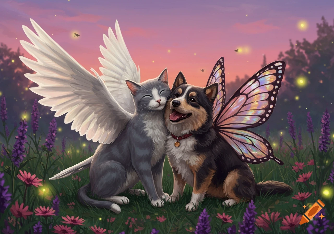 Digital painting of a gray cat with white pigeon wings hugging a dog with colorful butterfly wings in a field of flowers at sunset.