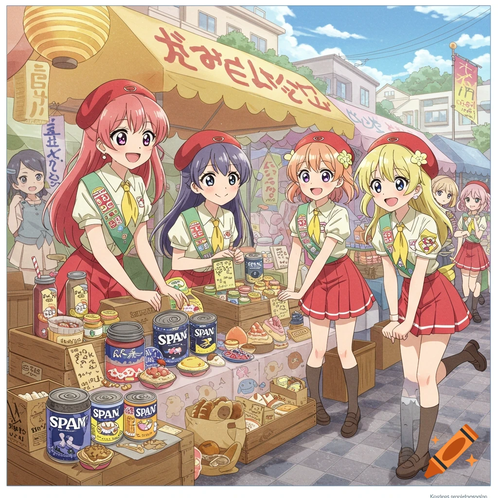 An anime illustration of four smiling girl scouts in red berets and skirts selling SPAM cans and pastries at an outdoor market stall.