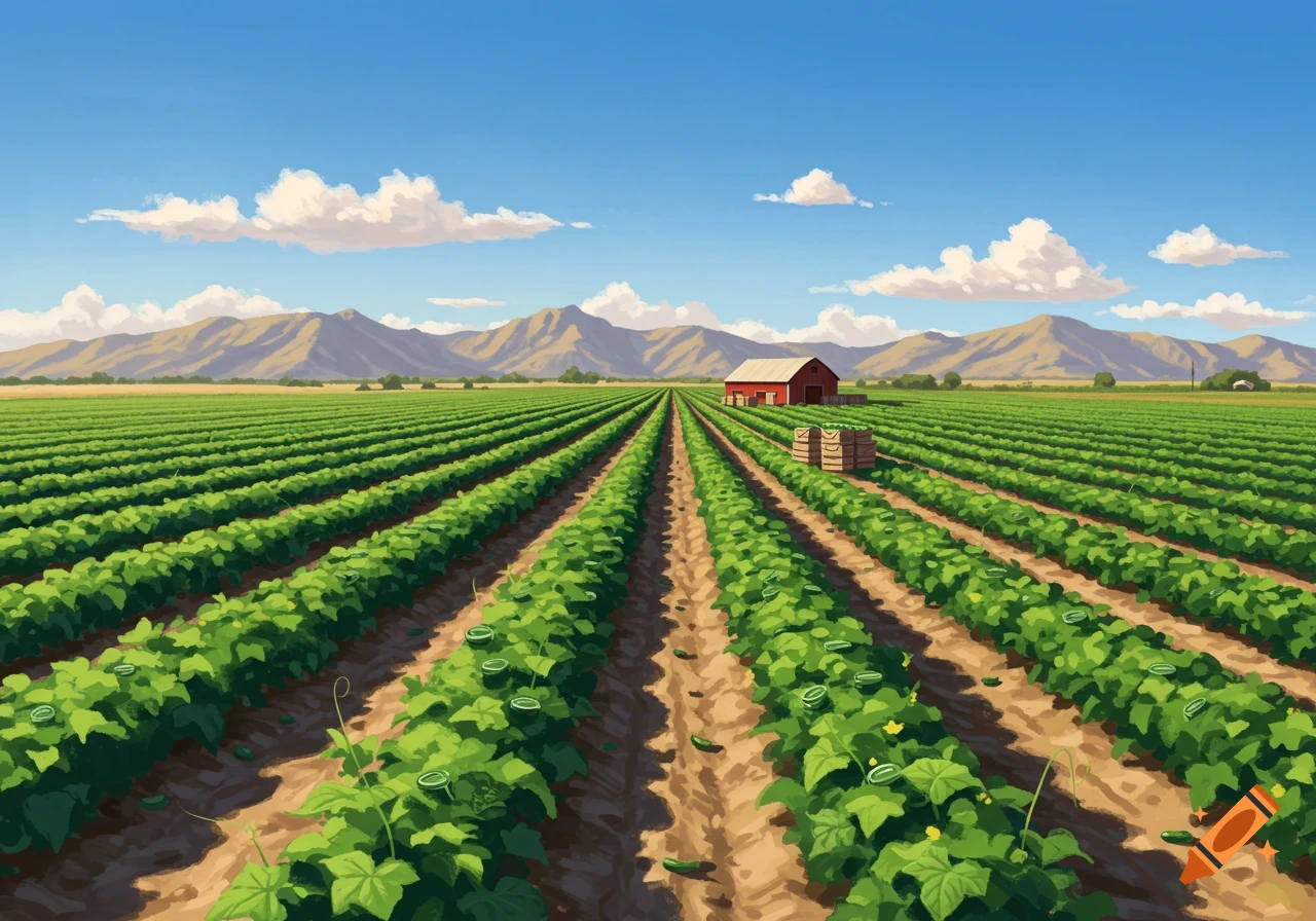A vibrant green farm field stretching into the distance, with a red barn and crates of pickles. Mountains rise under a blue sky.