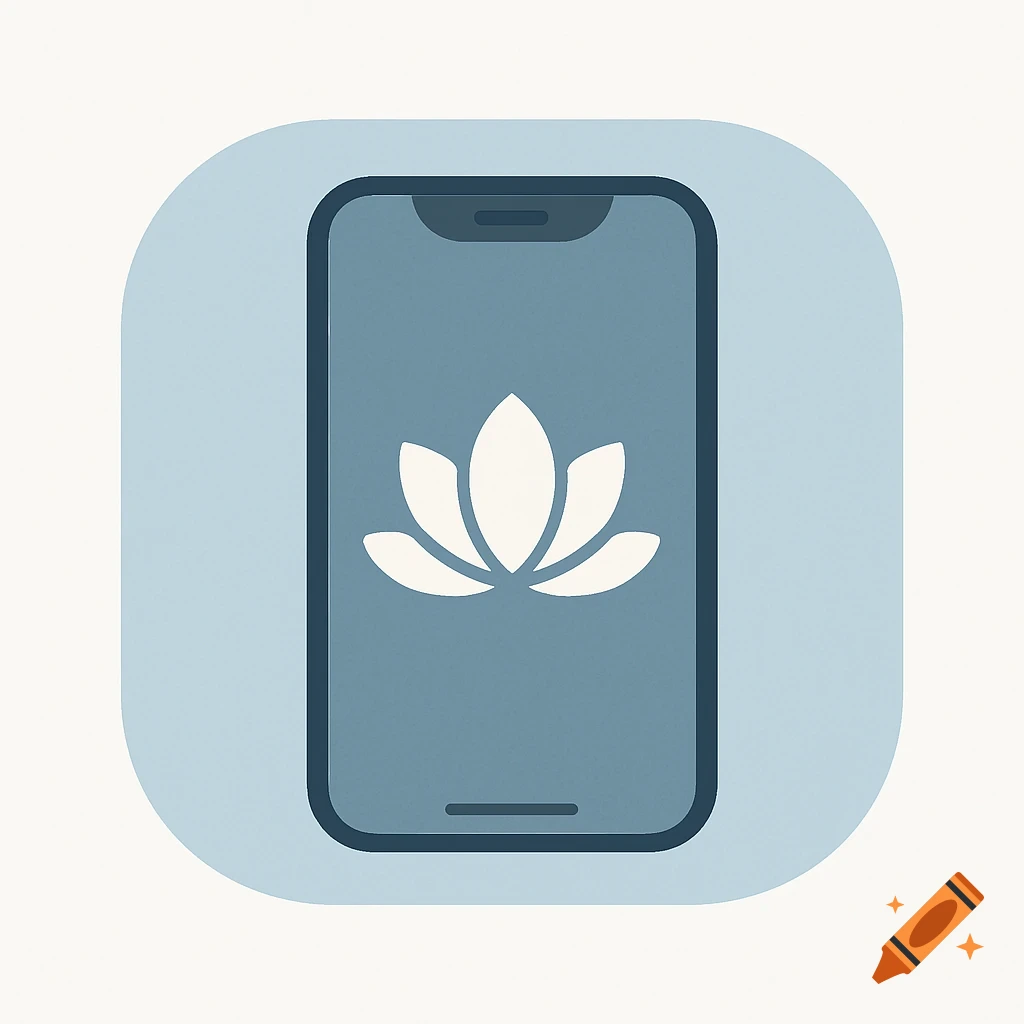 Minimalist flat art logo of a smartphone showing a white lotus icon on a grey screen, set against a light blue rounded background.