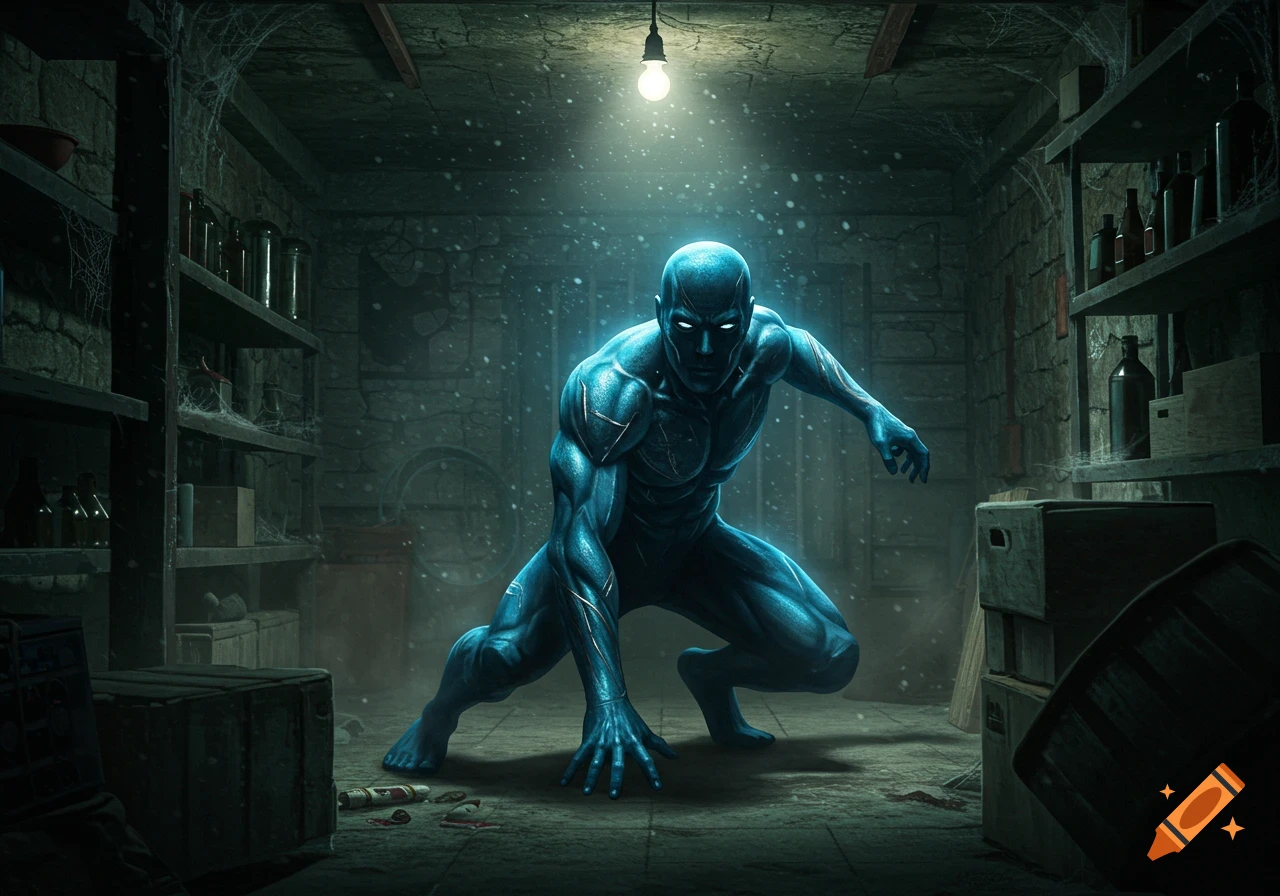 A glowing blue humanoid figure crouches in a dark, dusty basement, illuminated by a single bulb. Dark fantasy style.