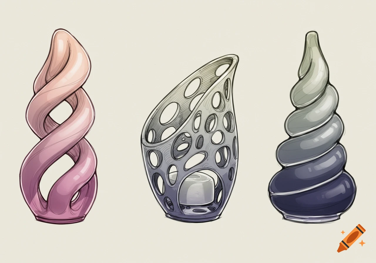 Three colorful, abstract design sketches of unique decorative objects.