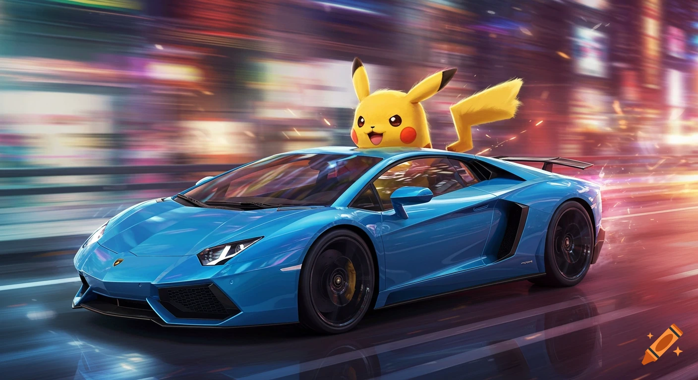 A blue Lamborghini sports car speeds down a vibrant city street at night, with Pikachu excitedly peeking out from the roof. Digital art.