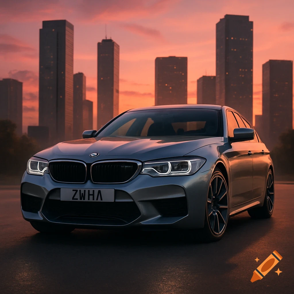Photorealistic silver BMW M5 Competition parked on a street with city skyscrapers under an orange sunset sky.