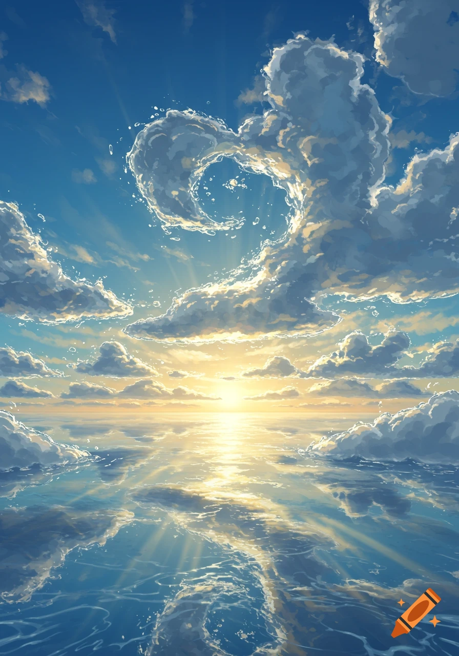 Anime style illustration of a vibrant sky with sun rays, clouds reflecting on water, and a heart-shaped cloud.
