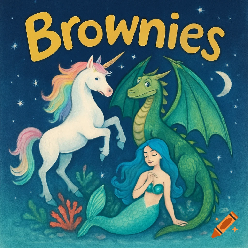 Illustrated 'Brownies' logo featuring a rainbow unicorn, a green dragon, and a mermaid against a starry blue background.