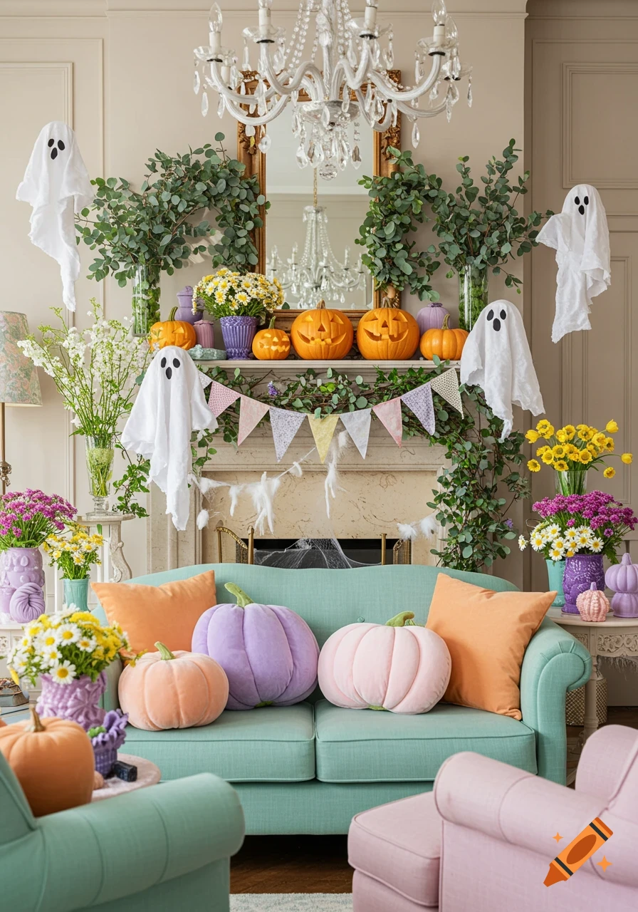 A photorealistic image of a pastel-colored lounge room decorated for Halloween with a mint green sofa, orange jack-o'-lanterns, white fabric ghosts, and colorful flowers.