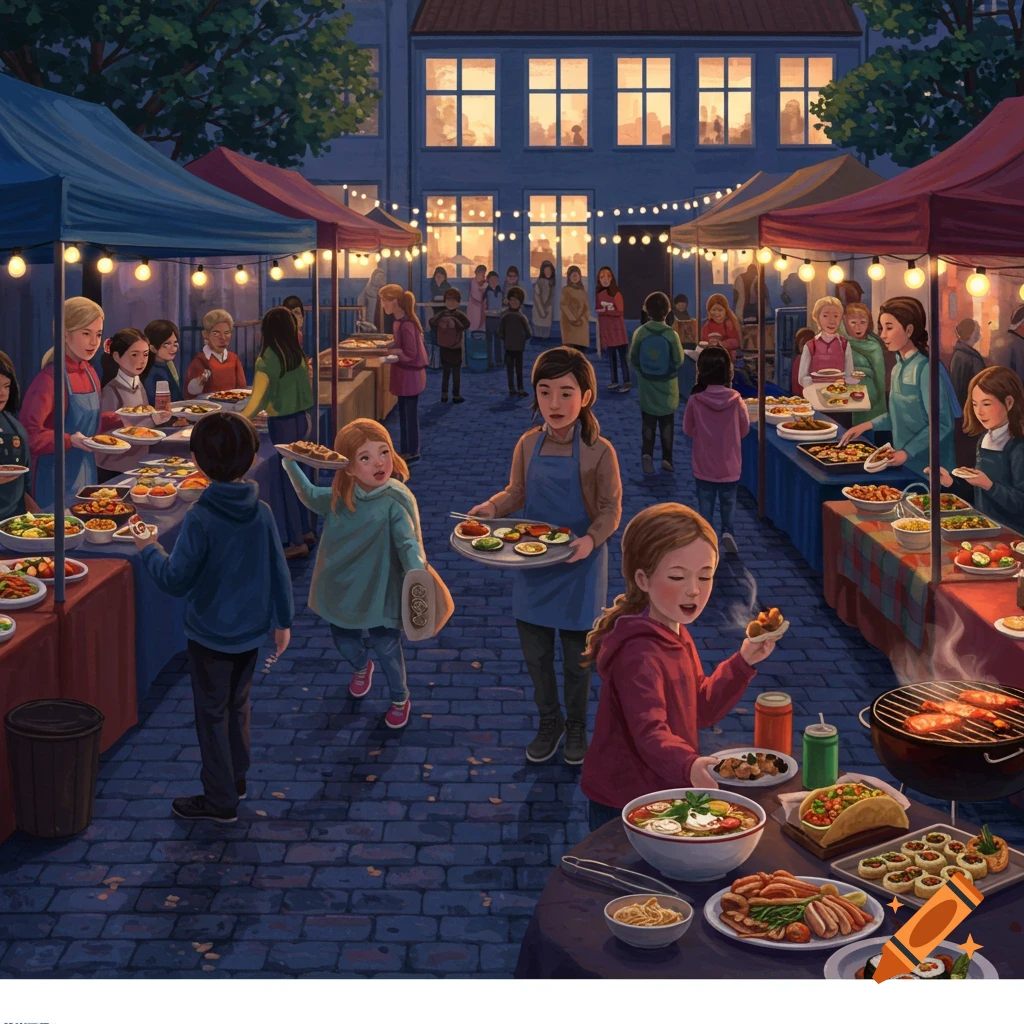 A bustling outdoor night market scene with numerous people browsing and eating at food stalls under string lights, in an illustrative style.