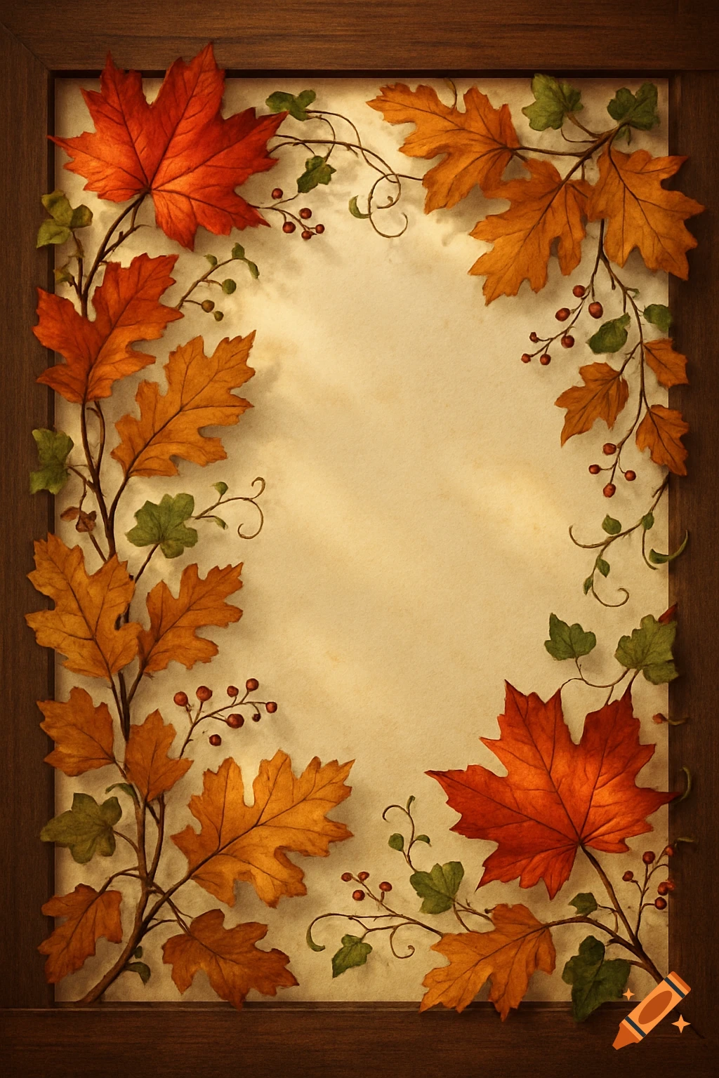 Autumn leaves, berries, and vines form a rustic border around a blank parchment-like center, framed by wood.