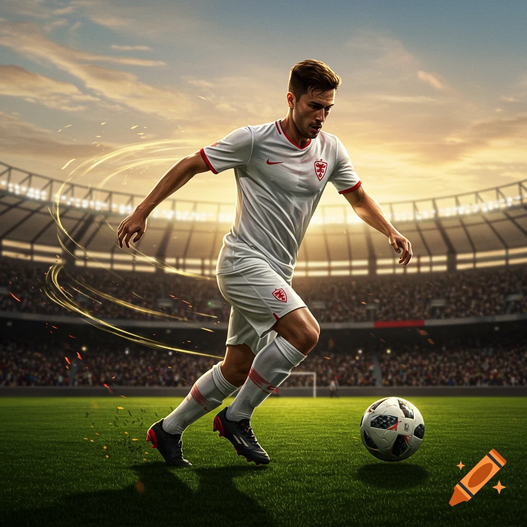 A male soccer player in a white uniform dribbling a ball on a green field in a stadium at sunset.