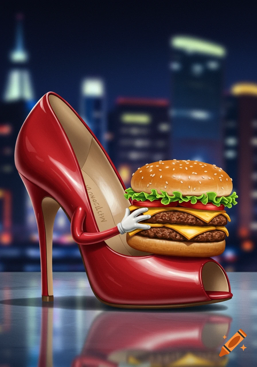 A cartoonish red high-heeled shoe with arms holds a double cheeseburger against a blurred city night background.