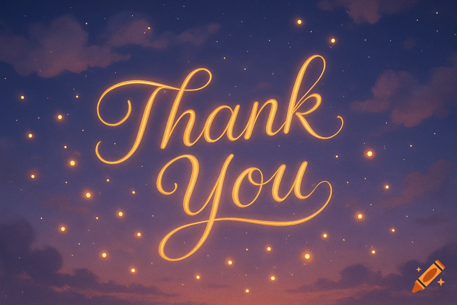 A glowing, golden cursive "Thank You" message against a deep blue and purple night sky with scattered luminous lights and soft clouds.