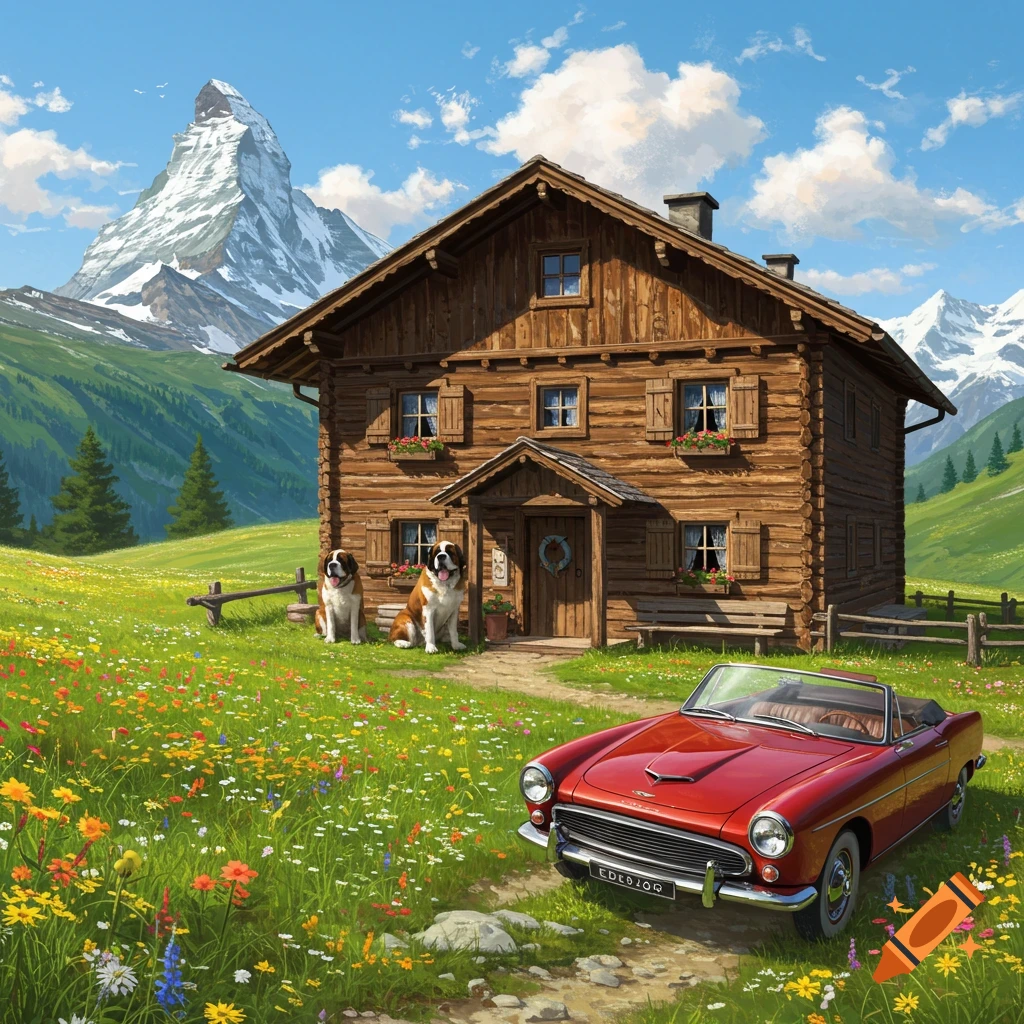 A rustic wooden mountain chalet with flower boxes stands in a vibrant meadow with two St. Bernard dogs. A red classic convertible is parked on a dirt path, with a snowy mountain in the background under a blue sky.