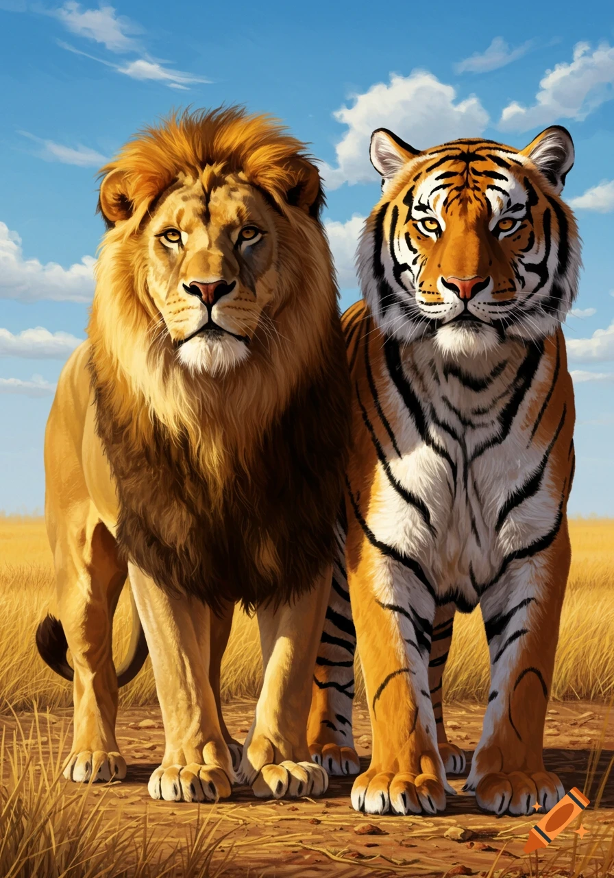 A photorealistic illustration of a majestic lion and a tiger standing side-by-side in a golden savanna under a blue sky.