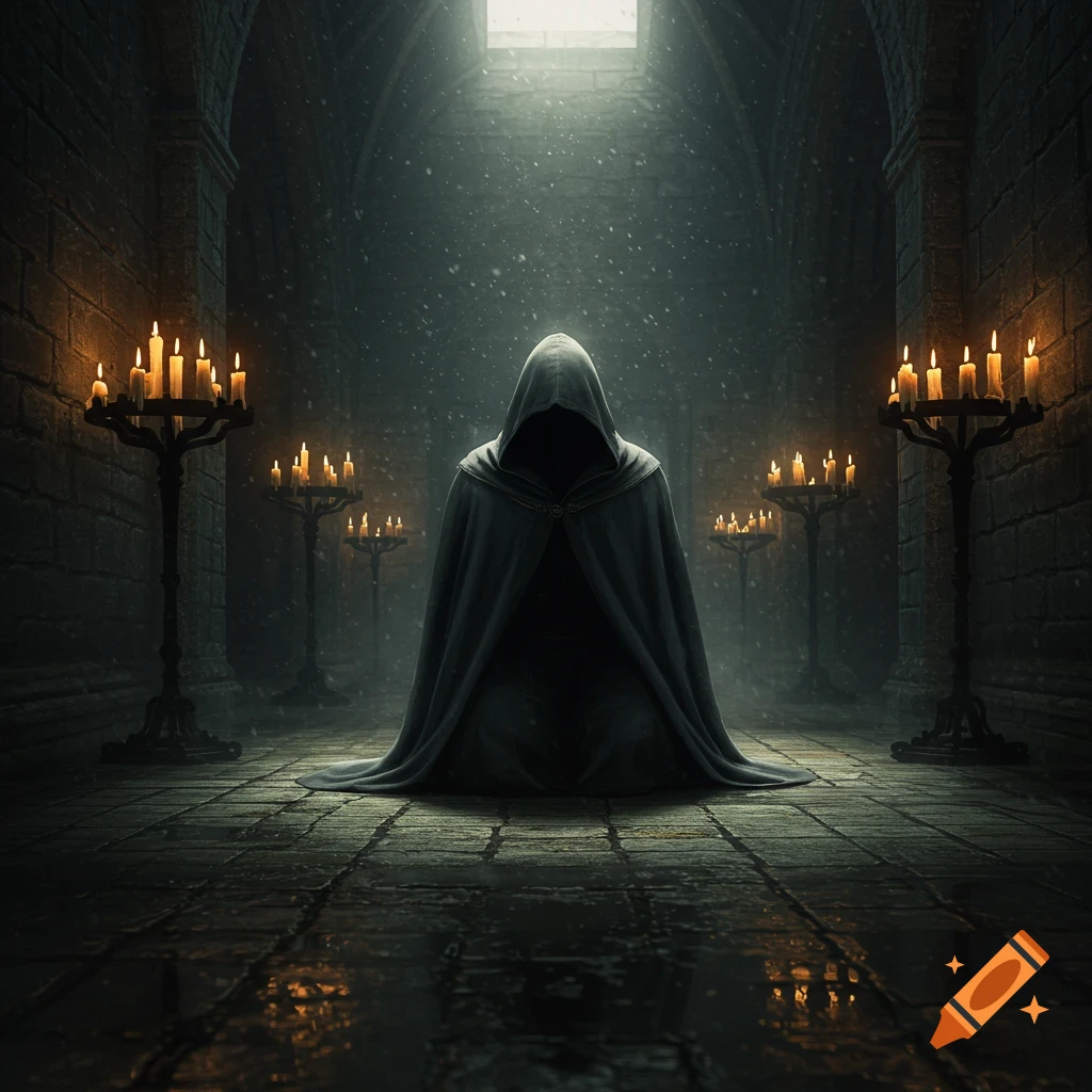 A hooded figure kneels in a dark, ancient stone chamber, lit by numerous candles and a shaft of light from above.