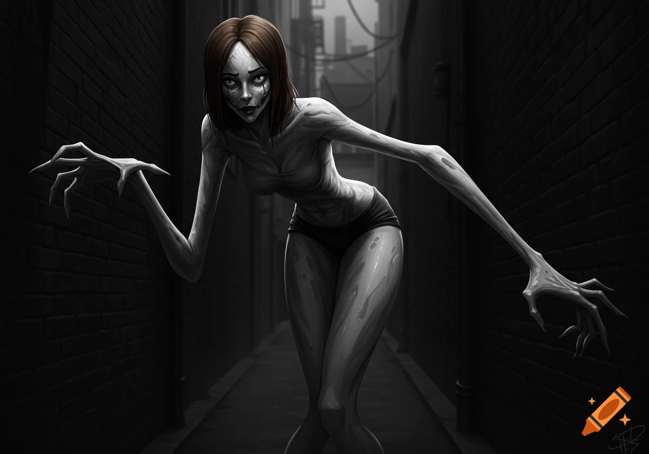 An emaciated, distorted female horror creature with long limbs and molten skin reaches out in a dark, black and white alleyway.