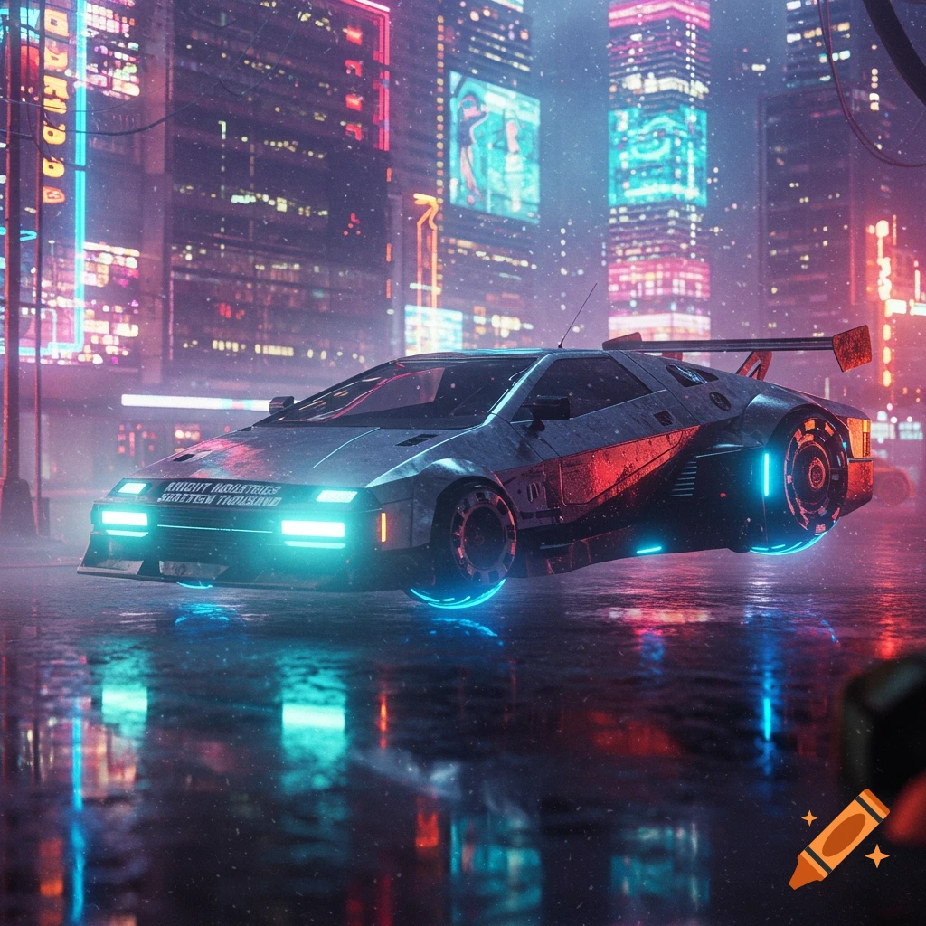 A futuristic car, glowing with neon lights, hovers on a wet street in a vibrant cyberpunk city, reflecting the colorful lights.