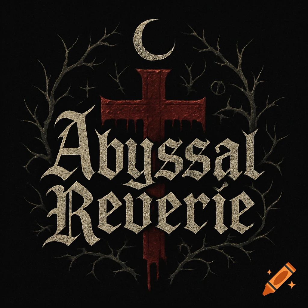 Gothic logo for 'Abyssal Reverie' with light text, a dark red cross, crescent moon, and thorny branches on a black background.