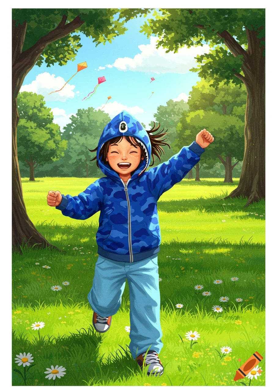 An illustration of a happy child in a blue BAPE hoodie and light blue pants running in a sunny park with trees and kites flying in the sky.