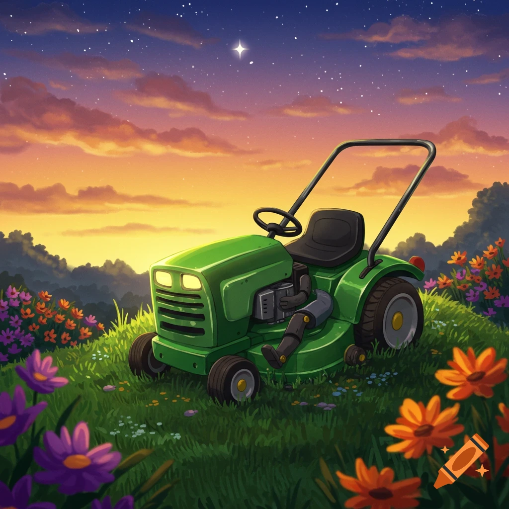 A whimsical green lawnmower rests in a field of colorful flowers under a vibrant sunset sky with a single star.