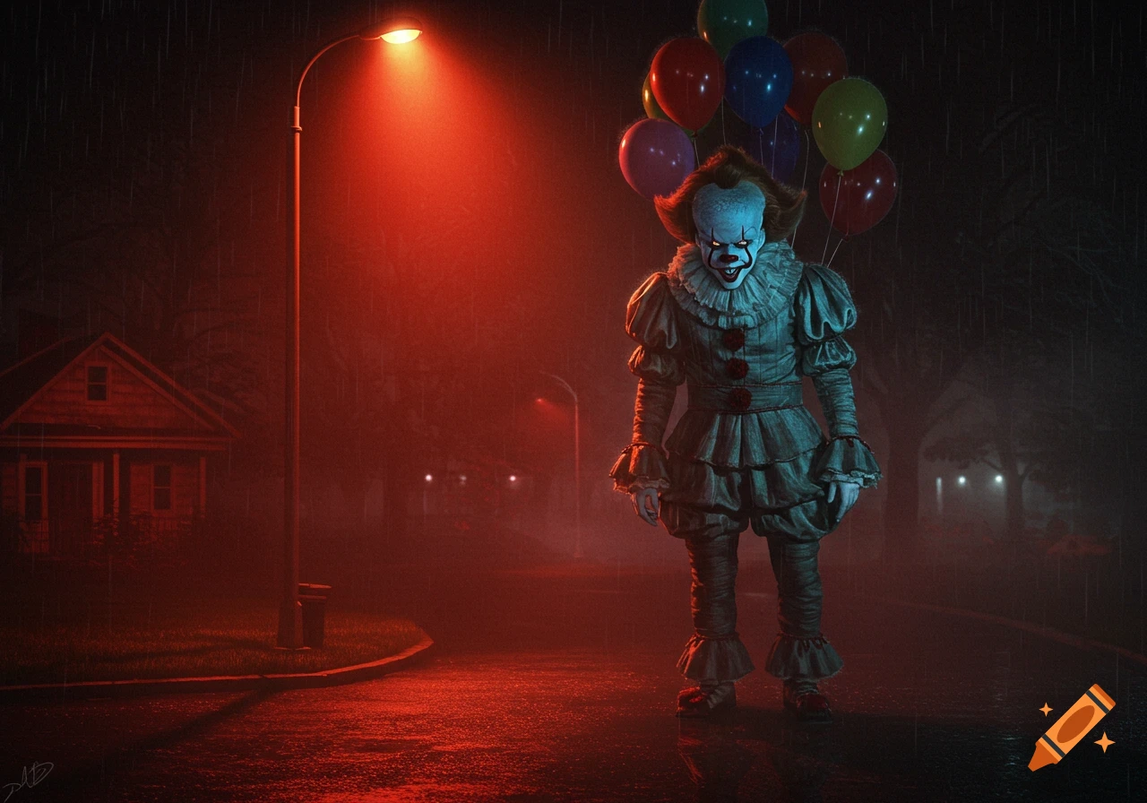 Photorealistic image of Pennywise, the clown, holding colorful balloons on a rainy street illuminated by a red streetlamp.