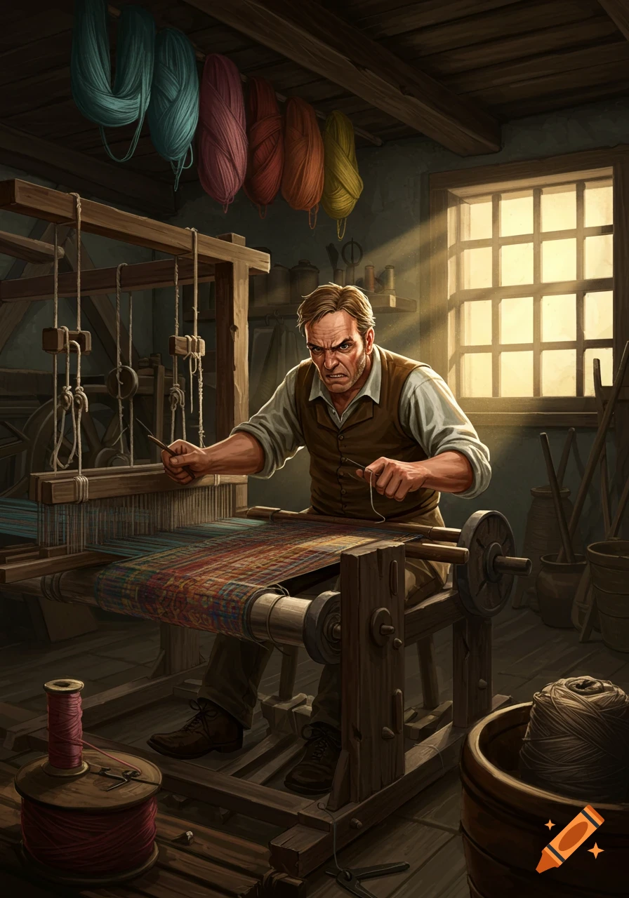 An angry 19th-century craftsman sits at a loom, weaving colorful fabric in a sunlit workshop.