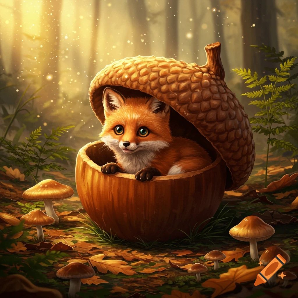 A cute, fluffy fox peeks out from a giant acorn shell on a magical forest floor among mushrooms and dappled sunlight.