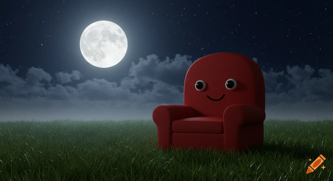 A dark red, cartoony 3D chair with a face sits in a grassy field under a full moon and starry night sky.