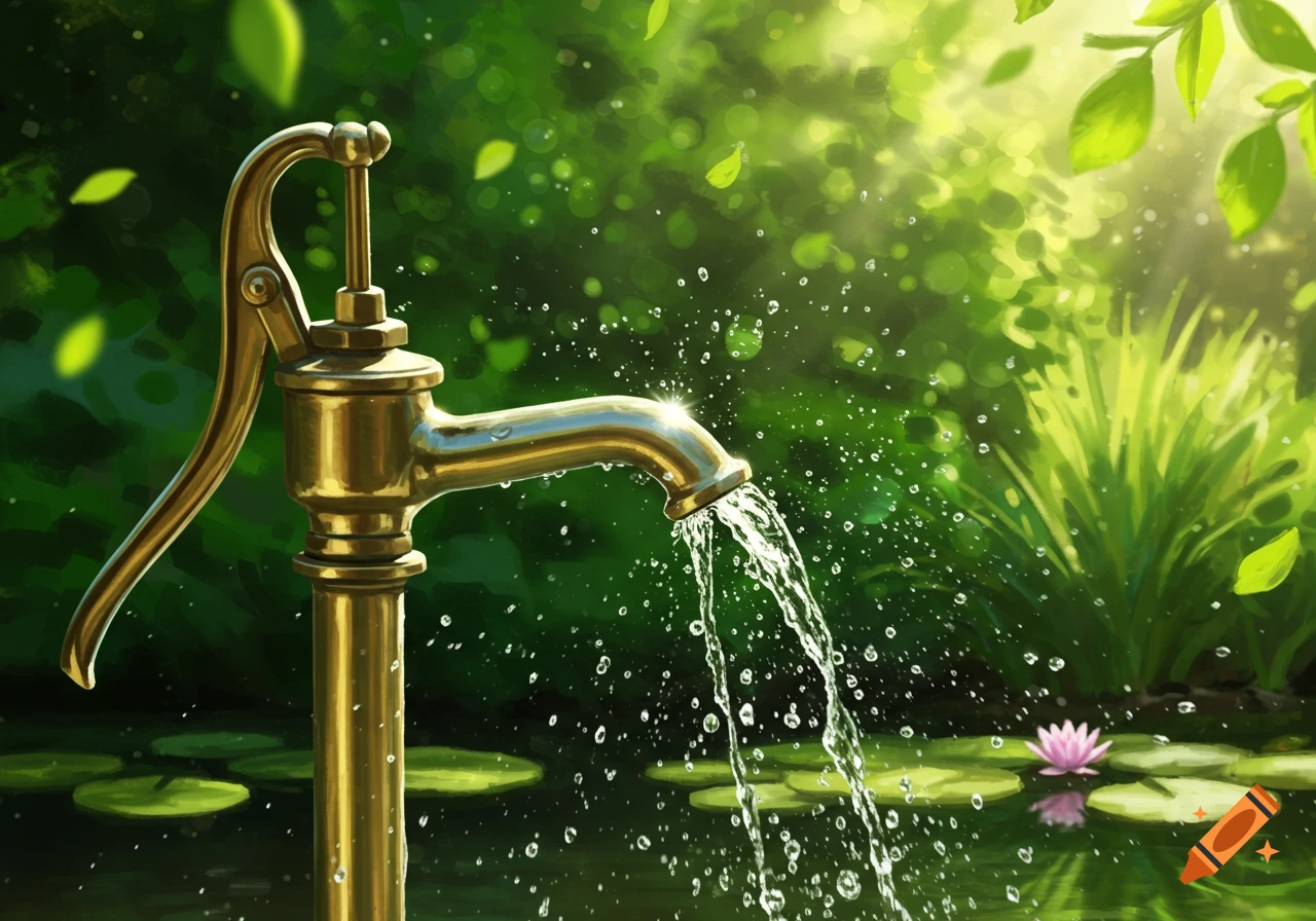 A brass water pump flows water into a pond with lily pads and a pink water lily, set in a lush green, sunlit environment.