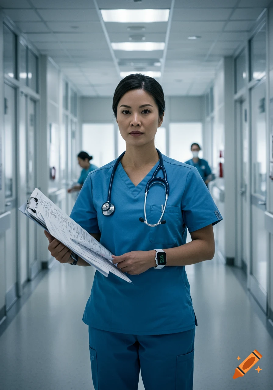 A serious-looking nurse in blue scrubs holds a clipboard and wears a smartwatch in a hospital hallway.