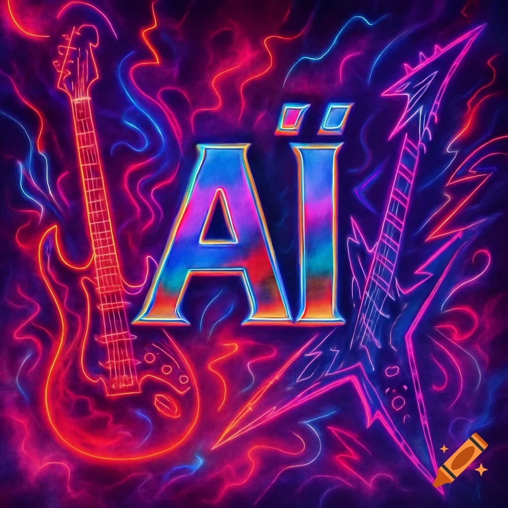 Neon glow art of two electric guitars flanking the stylized text 'AI' against a dark background with swirling light trails.