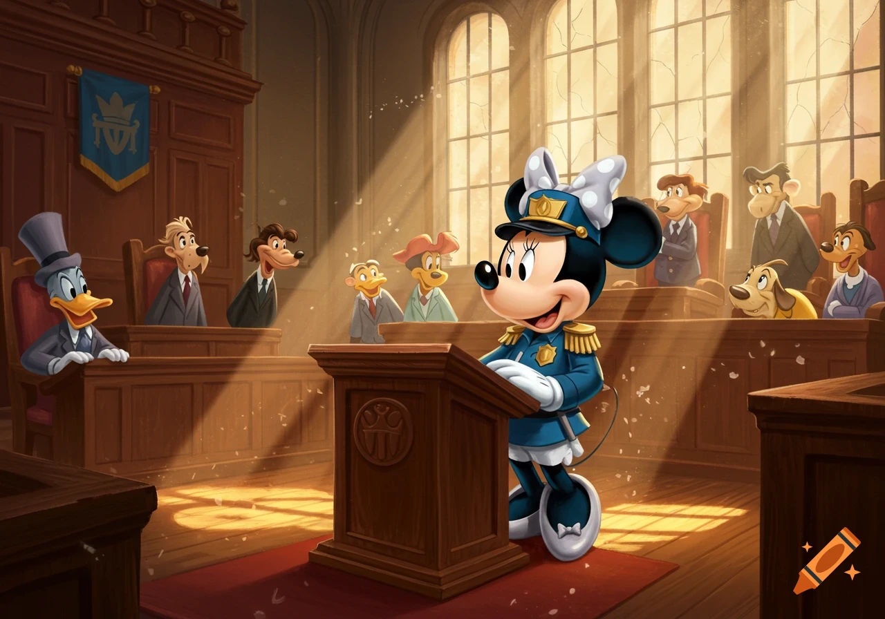 Minnie Mouse as a bailiff at a podium in a cartoon courtroom, surrounded by other anthropomorphic animal characters.