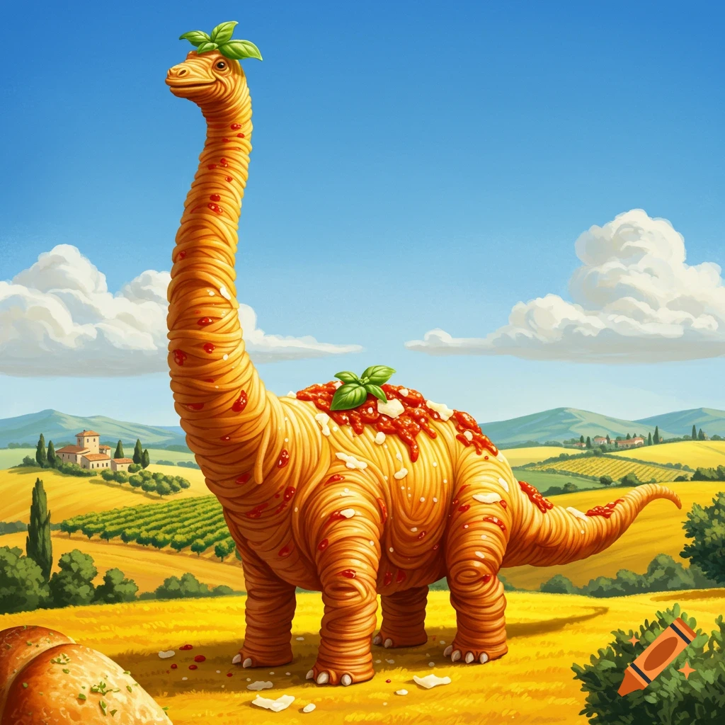 A whimsical spaghetti dinosaur with sauce and basil stands in a sunny Italian countryside illustration.