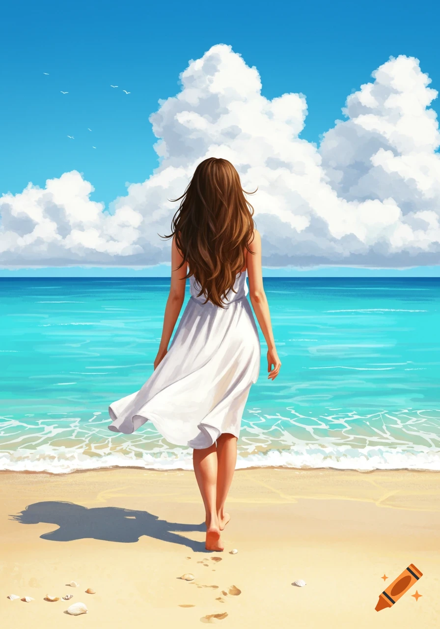 An illustrated woman with long brown hair walks on a sunny beach towards the sea under a blue sky.